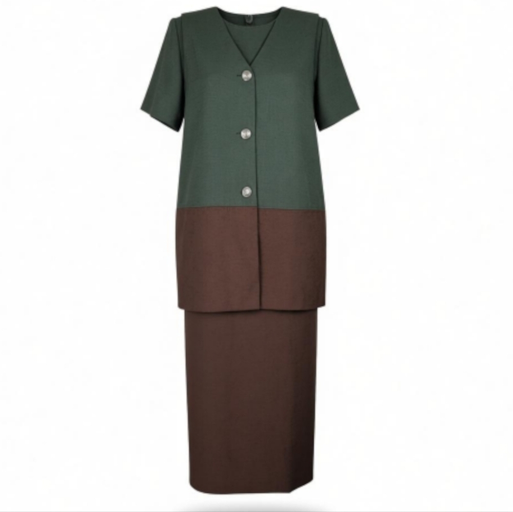 Leslie Fay Maxi Dress Suit Size 12 Colorblock Longline Vest Brown Green